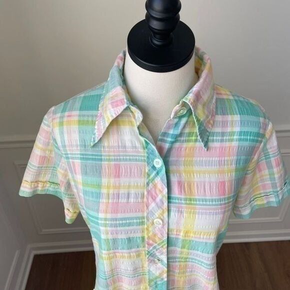 Vintage 70s Dagger Collar Collar Tunic Pastel Plaid M L - Picture 3 of 6